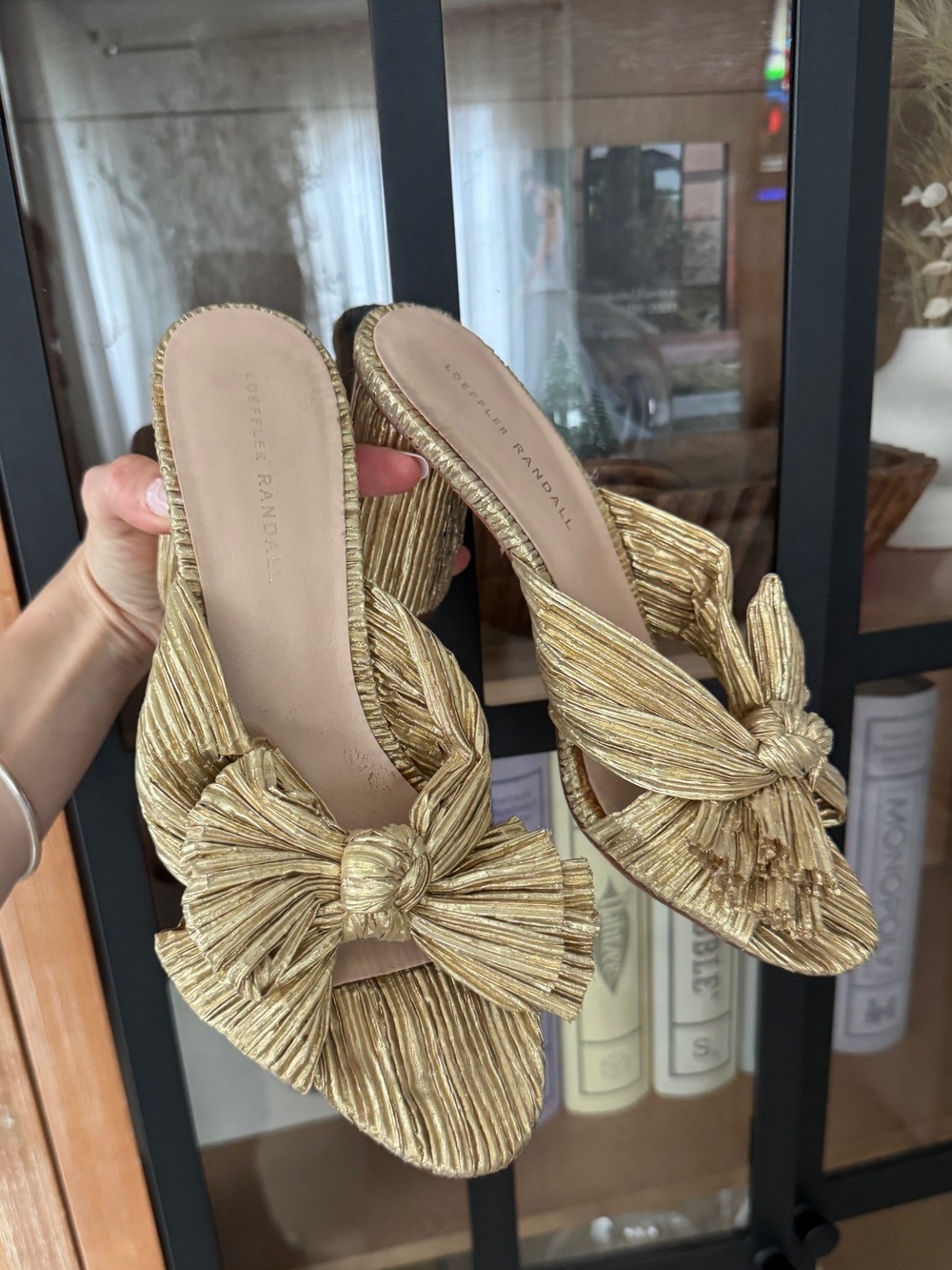 Loeffler Randall Penny Pleated High Heel Slide Sandals metallic block bow